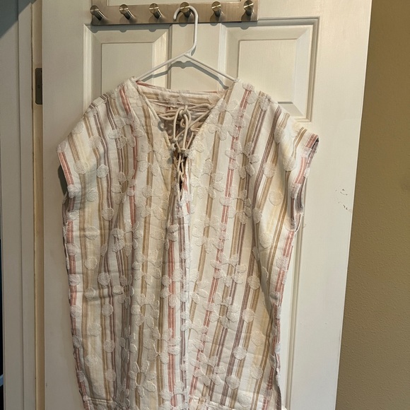 sun cloud Tops - Women’s Lace-Up Striped Embroidered Top - Cream with Pink & Tan Accents